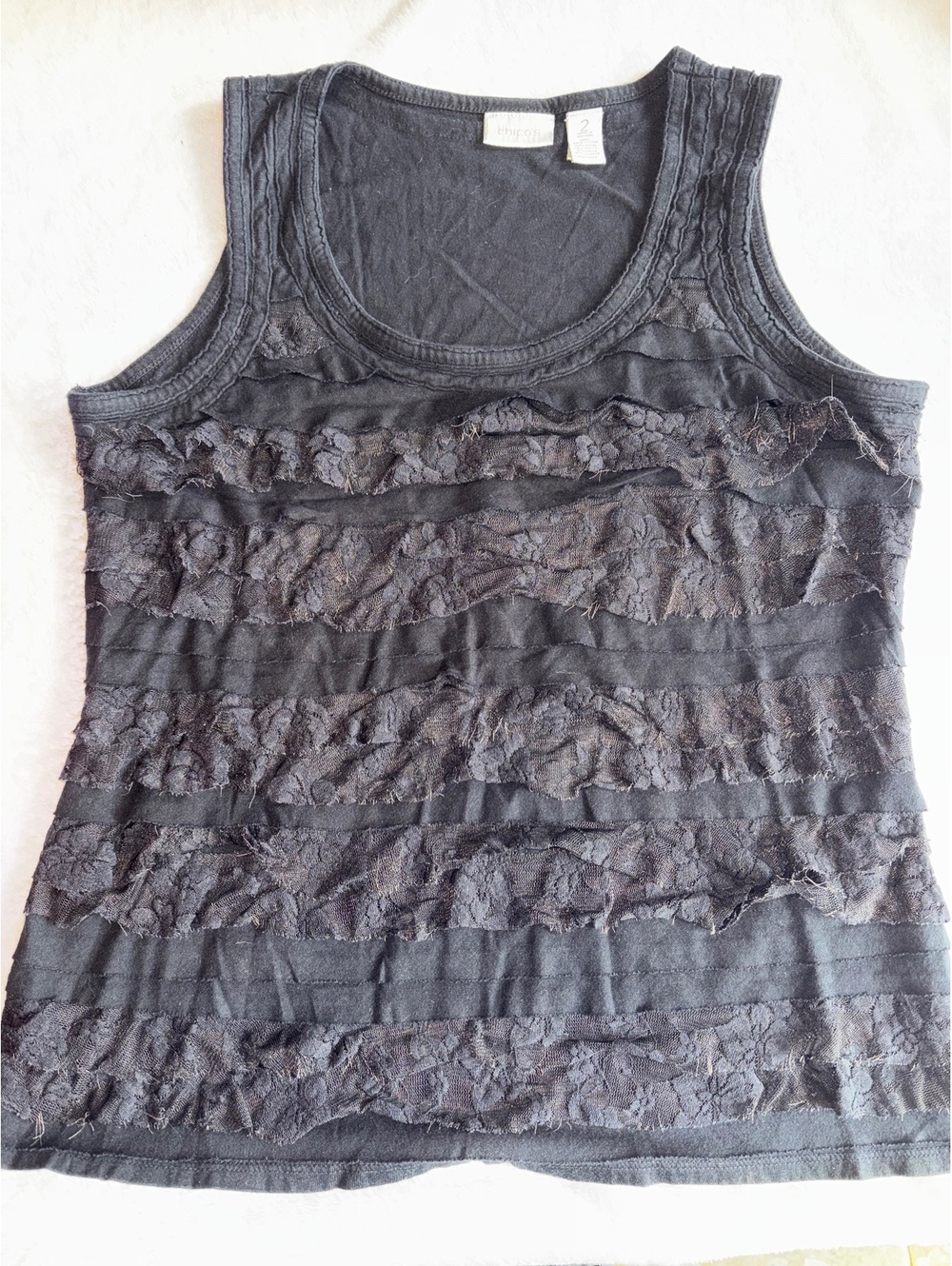 Chico's Black Tiered Lace Ruffle Trim Scoop Neck Tank Top Sleeveless Size 2 L